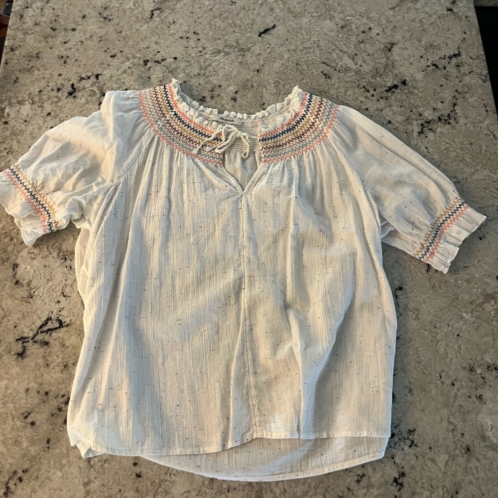 Madewell White and Pink Blouse with Smocked Neckline